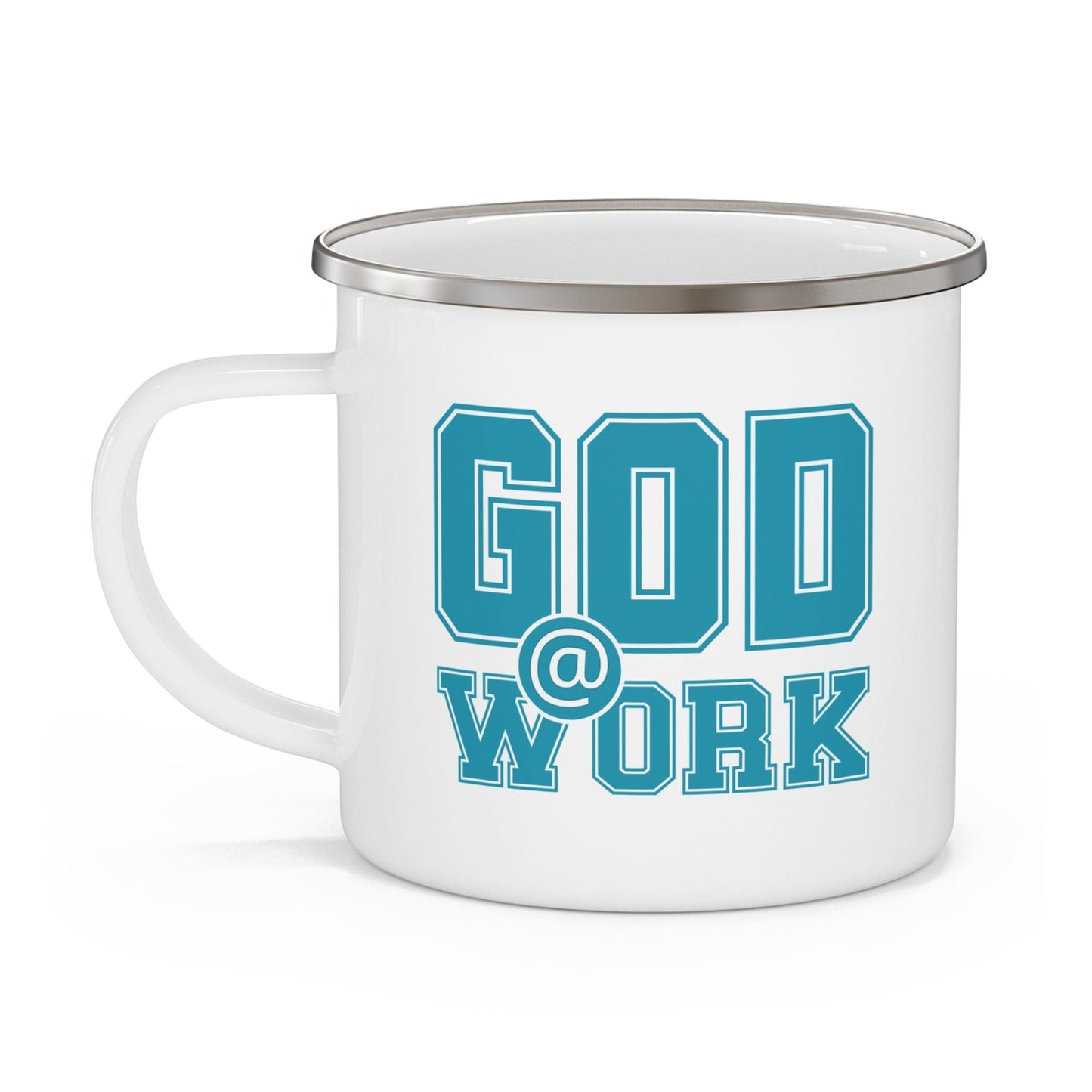 Enamel Camping Mug - God @ Work Blue Green and White Print