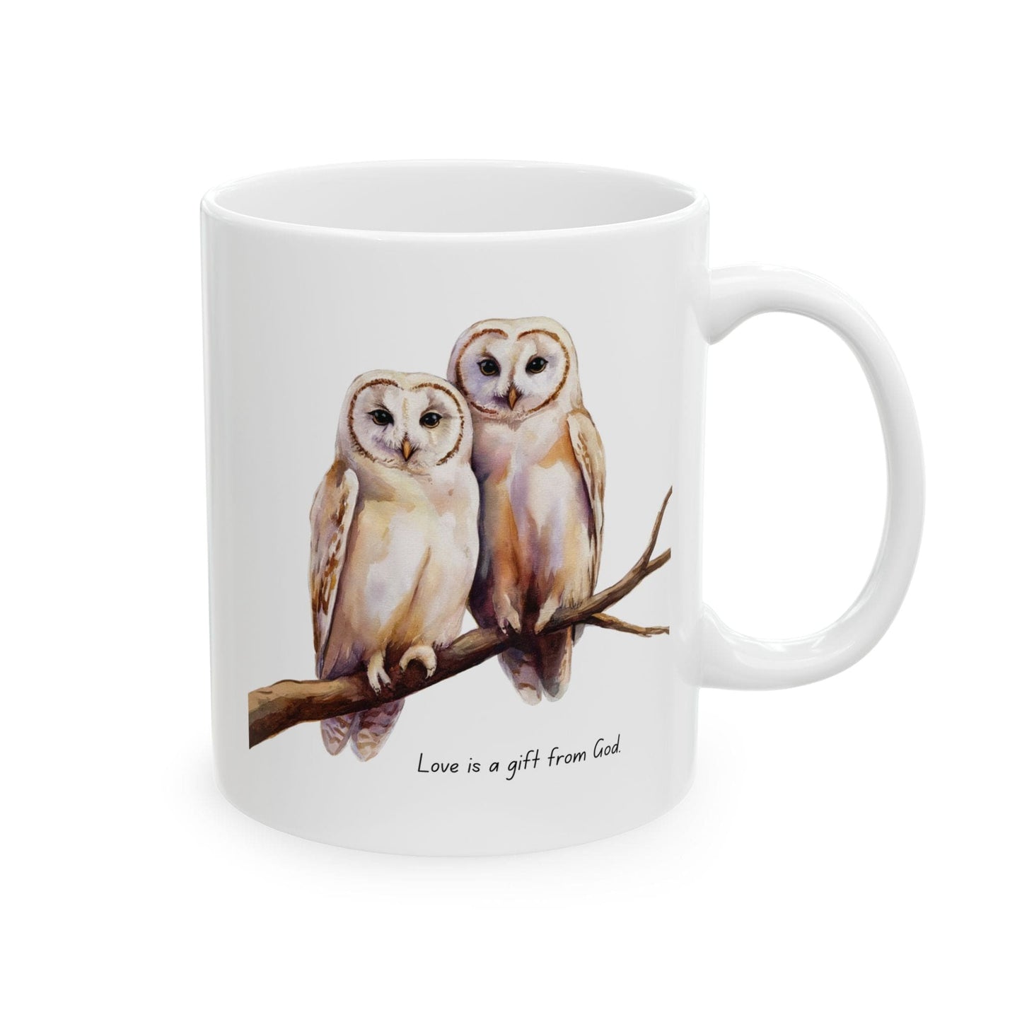 Ceramic Gift Mug - Two White Owls - Scripture Inspired - Love is a Gift from God