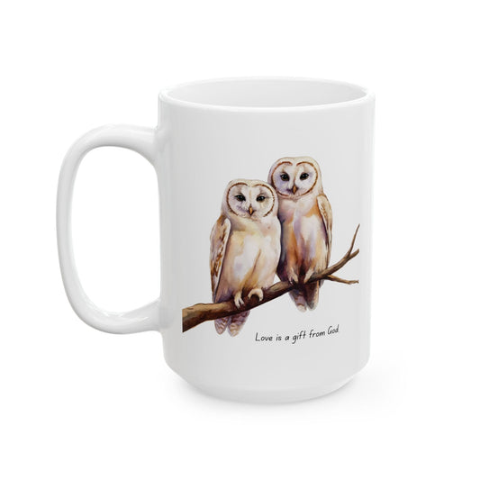 Ceramic Gift Mug - Two White Owls - Scripture Inspired - Love is a Gift from God