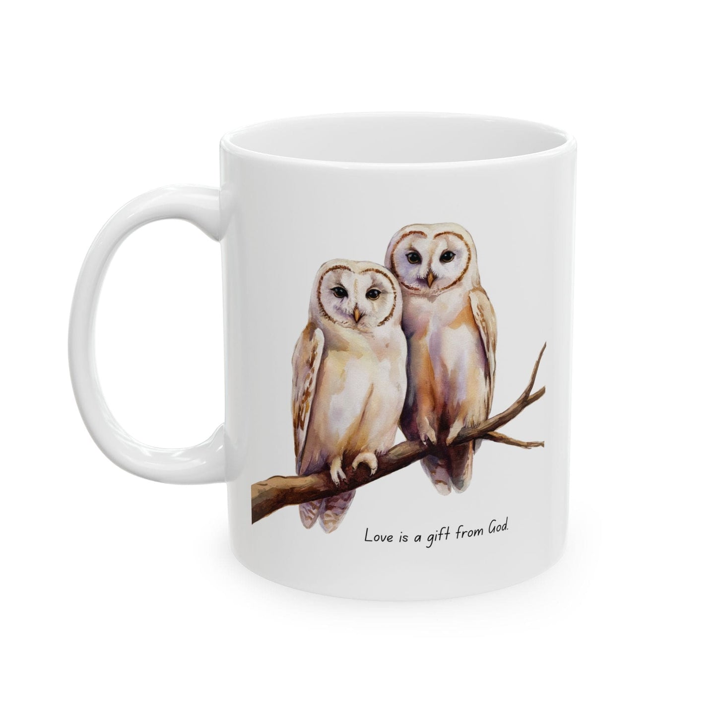 Ceramic Gift Mug - Two White Owls - Scripture Inspired - Love is a Gift from God