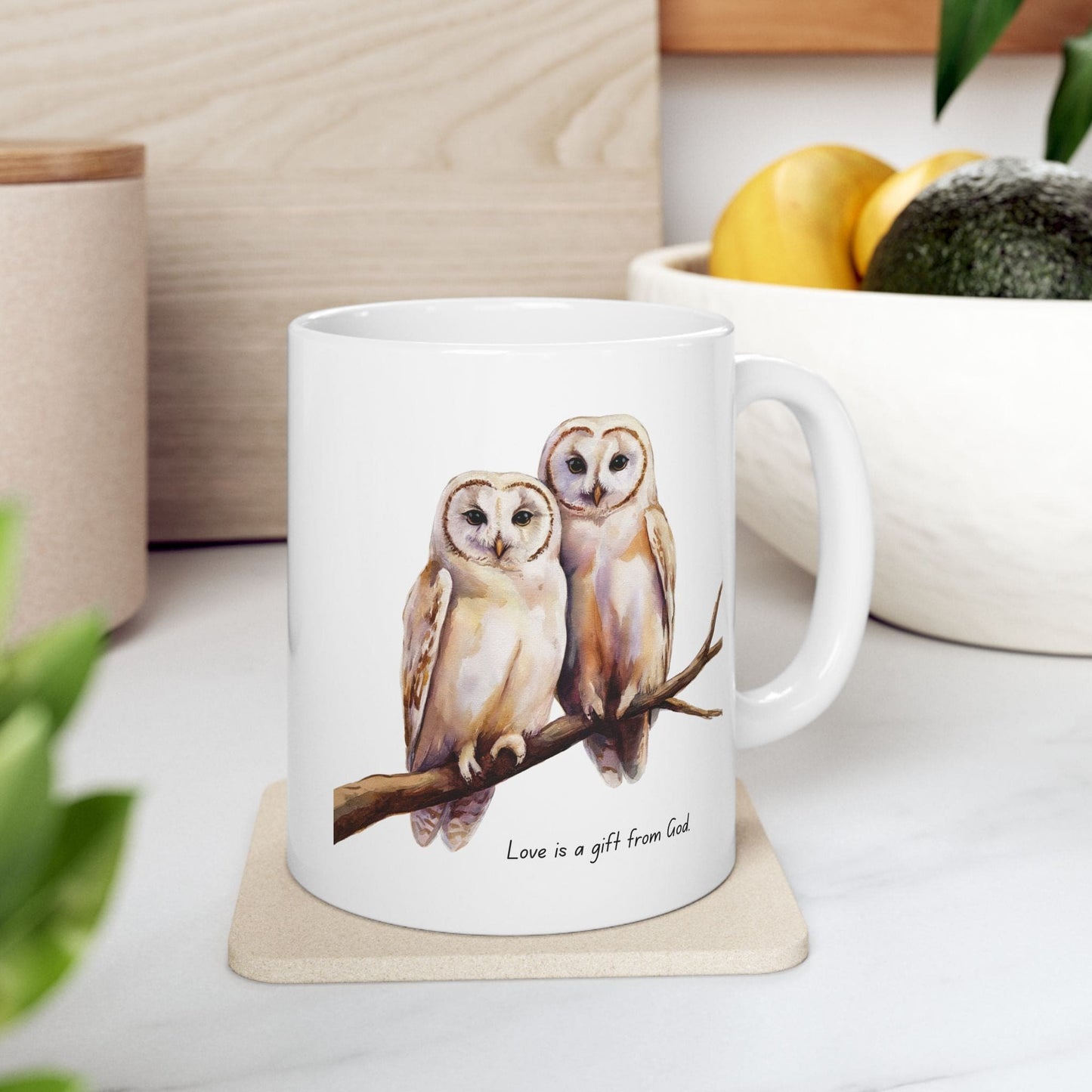 Ceramic Gift Mug - Two White Owls - Scripture Inspired - Love is a Gift from God