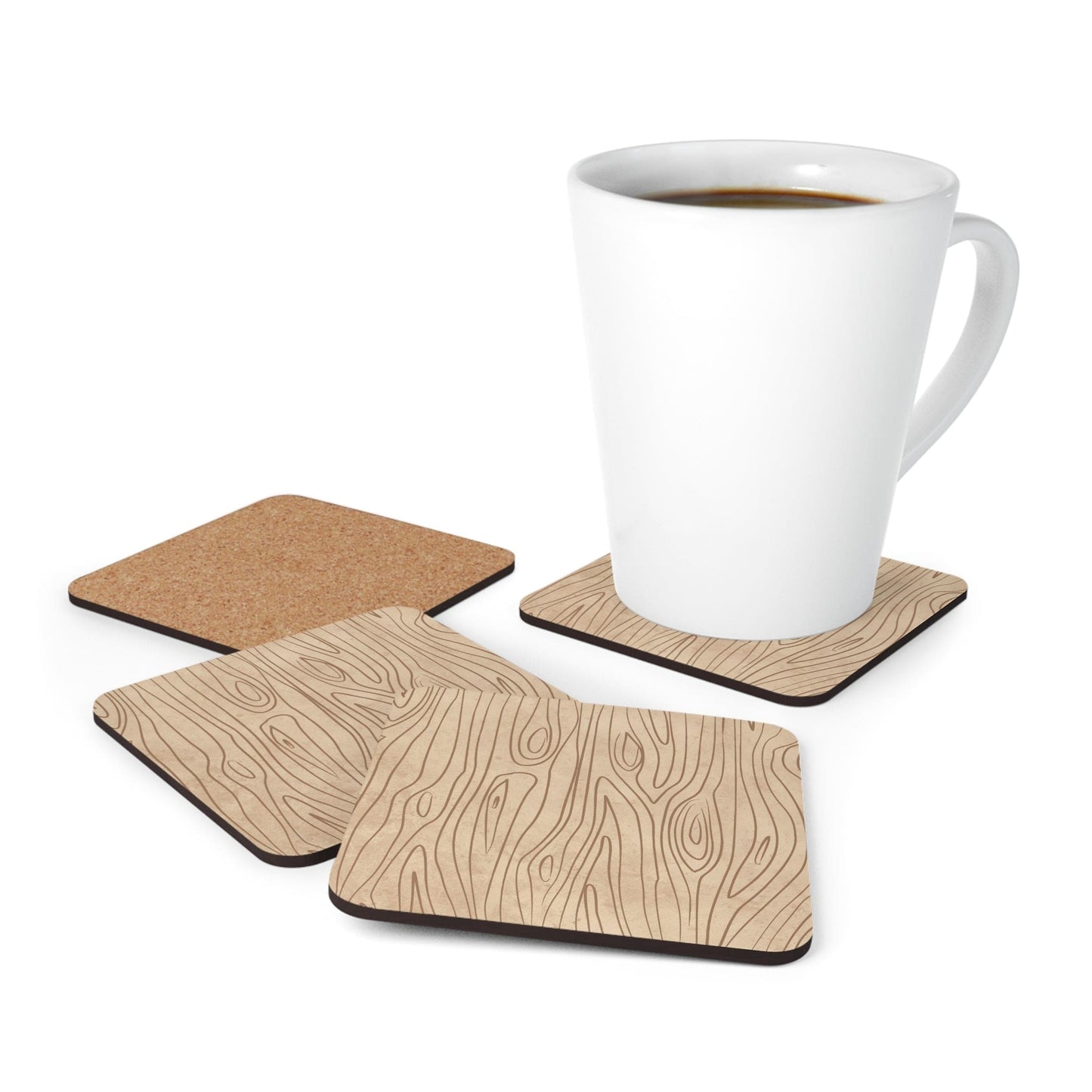 Coaster Set of 4 for Drinks Beige and Brown Tree Sketch Line Art