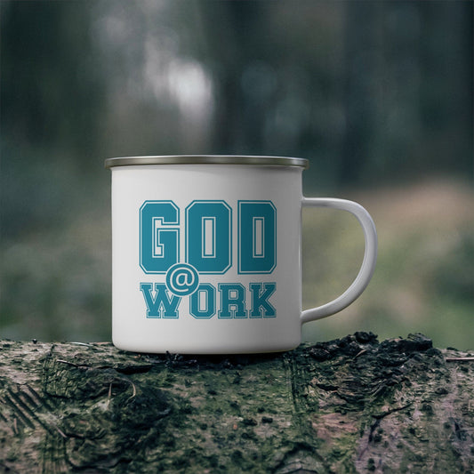 Enamel Camping Mug - God @ Work Blue Green and White Print