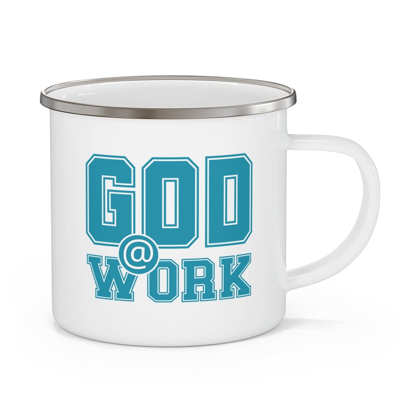 Enamel Camping Mug - God @ Work Blue Green and White Print