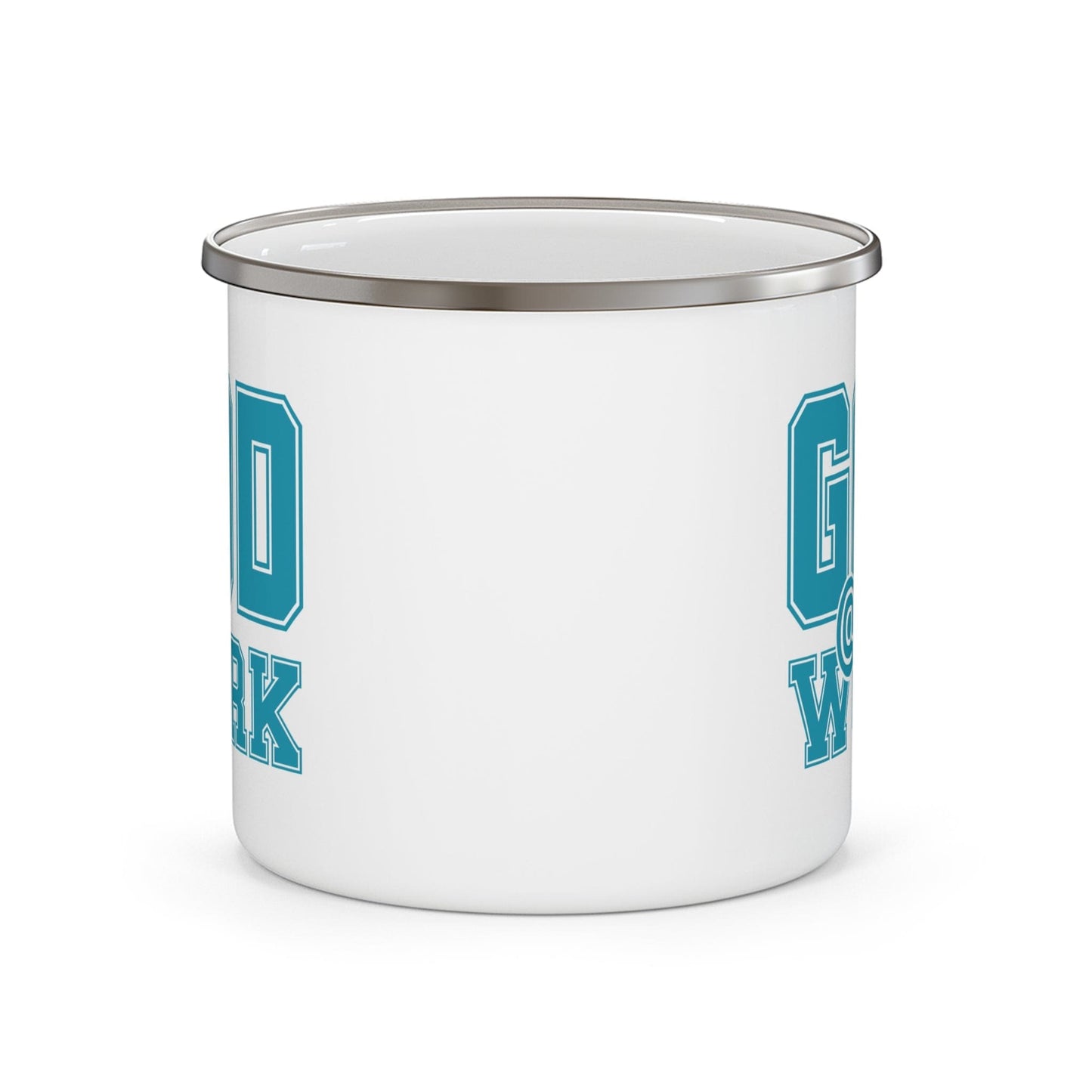 Enamel Camping Mug - God @ Work Blue Green and White Print