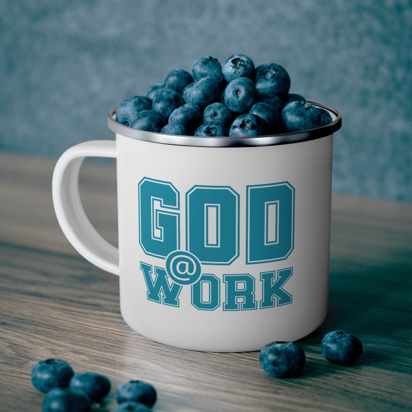 Enamel Camping Mug - God @ Work Blue Green and White Print