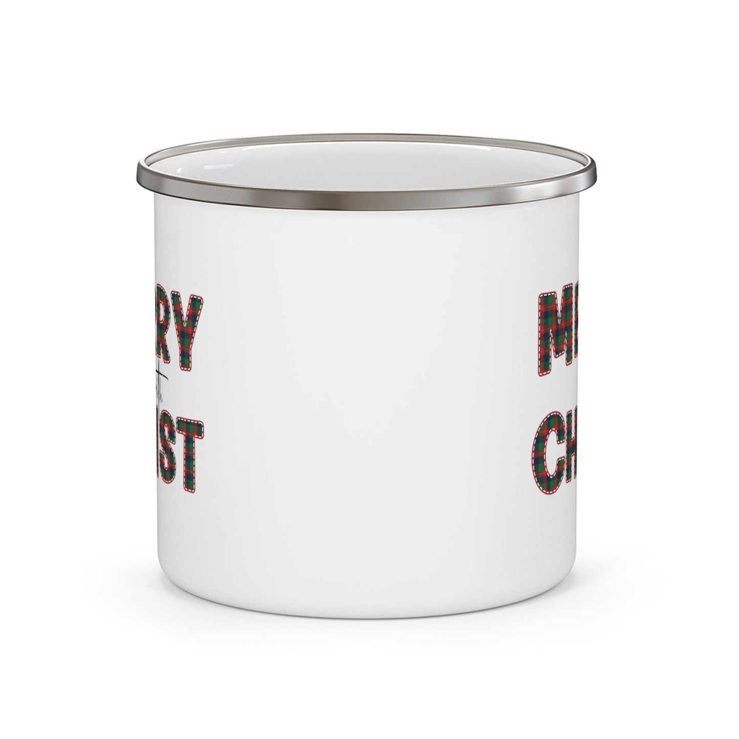 Enamel Camping Mug - Merry with Christ - Red and Green Plaid Christmas Holiday Print