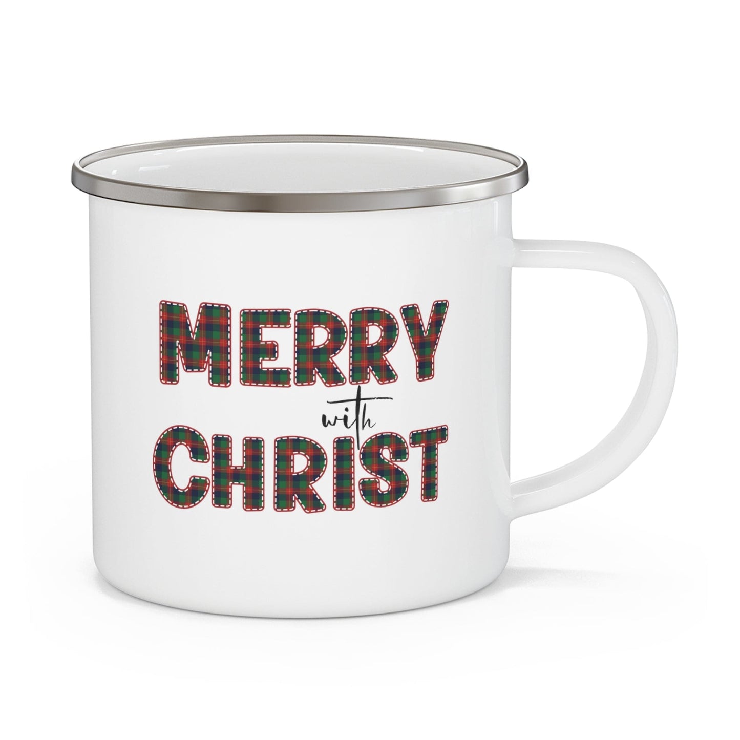 Enamel Camping Mug - Merry with Christ - Red and Green Plaid Christmas Holiday Print