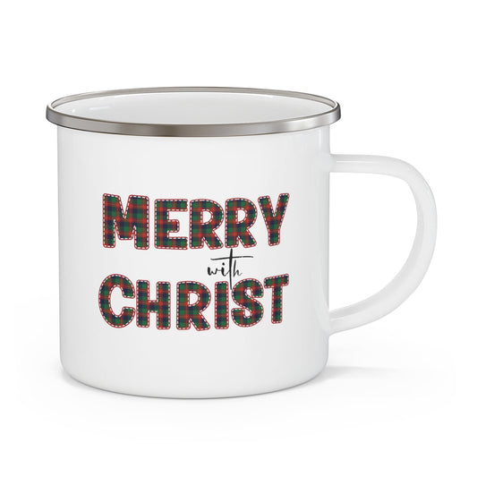 Enamel Camping Mug - Merry with Christ - Red and Green Plaid Christmas Holiday Print