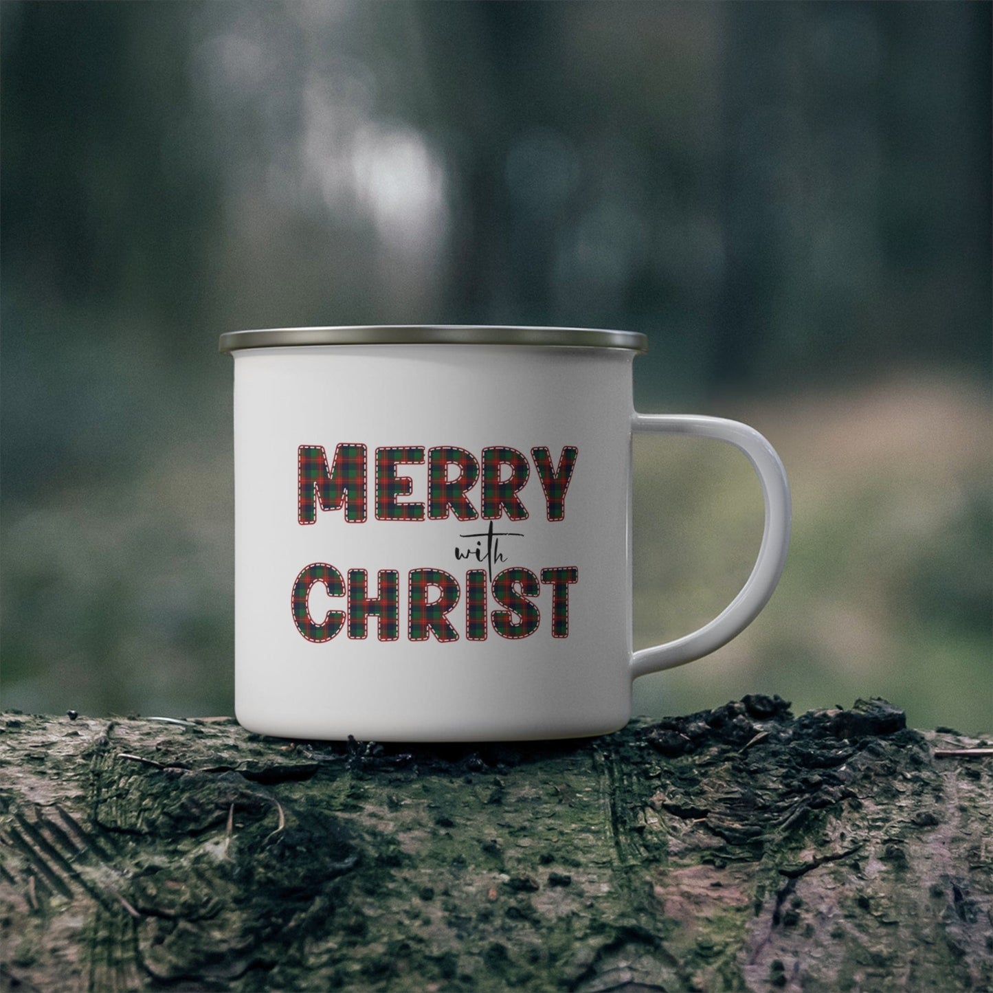 Enamel Camping Mug - Merry with Christ - Red and Green Plaid Christmas Holiday Print