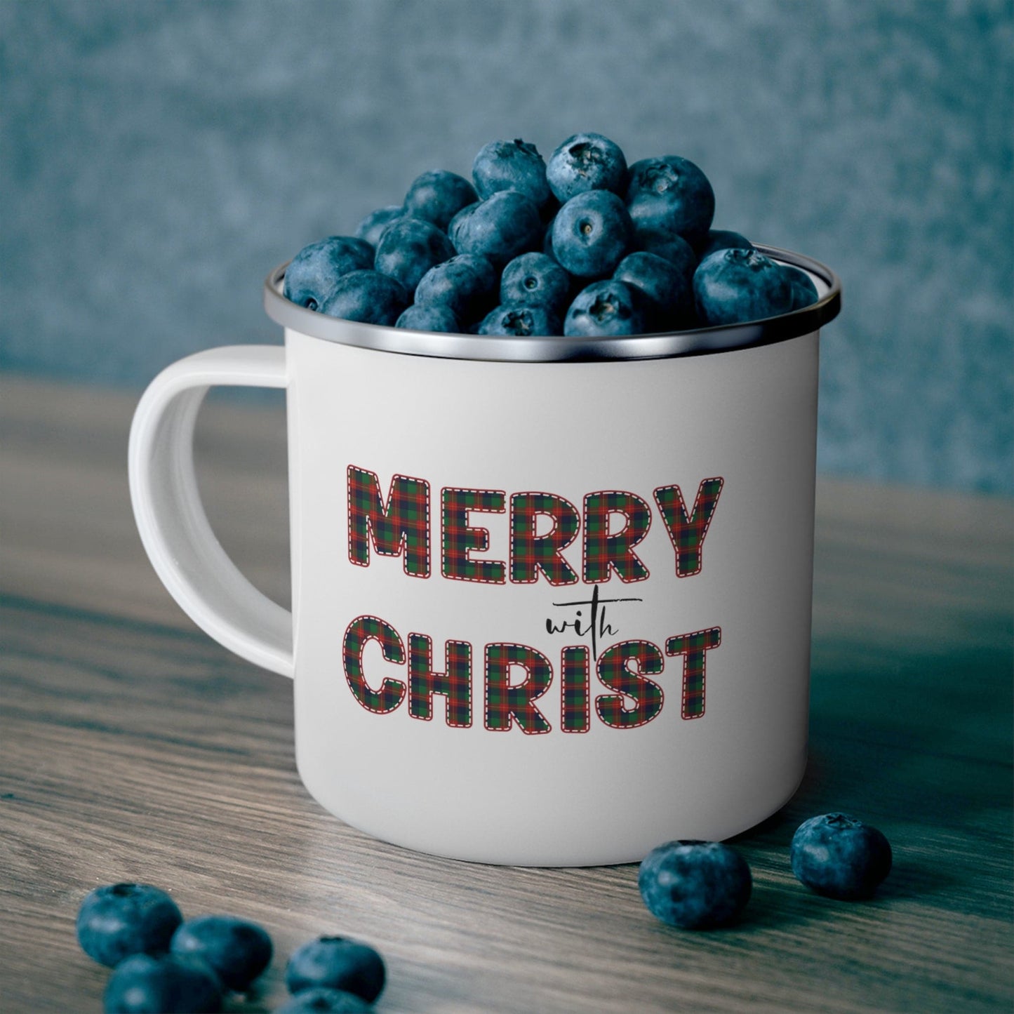 Enamel Camping Mug - Merry with Christ - Red and Green Plaid Christmas Holiday Print