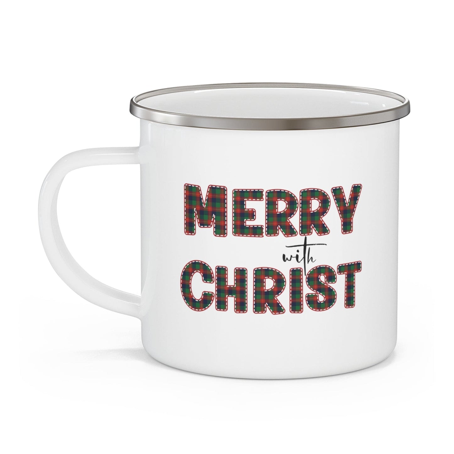 Enamel Camping Mug - Merry with Christ - Red and Green Plaid Christmas Holiday Print